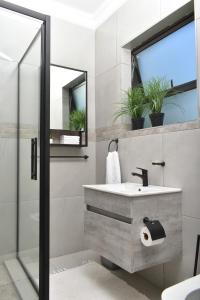 a bathroom with a sink and a mirror at Falcons Rest in Pretoria