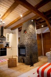 a living room with a stone fireplace in a kitchen at Dom Majówka i Apartamenty Bartoszówka i Michałówka in Karwieńskie Błoto Drugie