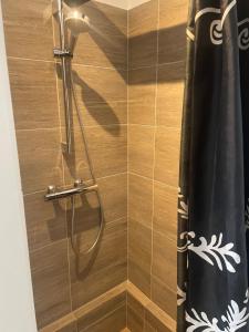 ein Bad mit einer Dusche mit einem schwarzen Duschvorhang in der Unterkunft Cozy one bedroom apartment near the sea in Tisvildeleje