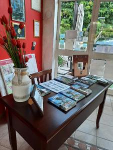 B&B Cuoreverde Pollino في روتوندا: طاولة مع إناء من الزهور والكتب