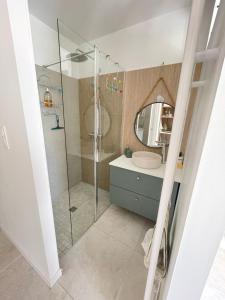 een badkamer met een glazen douche en een wastafel bij Ty kaz : élégant, tout confort et bien situé in Névez