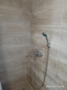 a shower with a hose in a bathroom at Evoikos beach & resort in Livanates