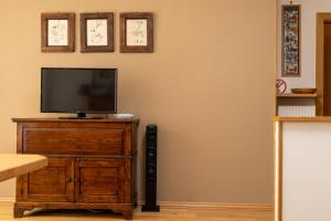 a television on a wooden dresser in a living room at Ladurner Home in Brunico