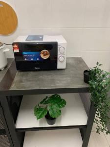 a toaster oven sitting on a table with a plant at SSR Stay n rest 887芙蓉休闲站民宿 in Seremban