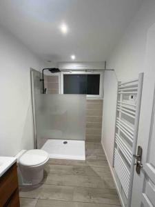 ein weißes Bad mit einem WC und einem Waschbecken in der Unterkunft Petite maison à 20 km de royan et à 5min de Saujon 