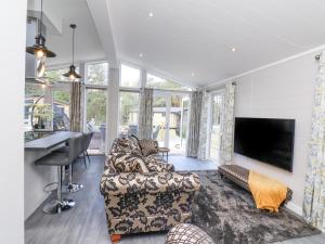 a living room with a couch and a television at Ewe Crag Beck Lodge in Whitby