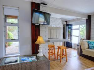 a living room with a couch and a tv on a wall at RiverView in Wilderness