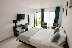 a bedroom with a bed and a tv and a window at Vila Medusa in Vama Veche
