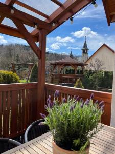 um deque com uma mesa de madeira e um gazebo em Kamyczkowy domek w Zawoi em Zawoja