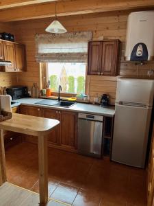 uma cozinha com um frigorífico e uma mesa em Kamyczkowy domek w Zawoi em Zawoja