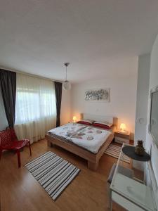 ein Schlafzimmer mit einem großen Bett und einem roten Stuhl in der Unterkunft Apartment Gabriela in Rakovica