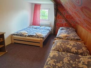 a bedroom with two beds and a window at Penzion Tereza in Telnice