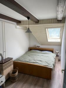 een slaapkamer met een bed in een kamer met een raam bij La Casa del Lago in Siófok