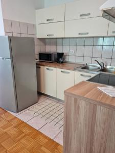 eine Küche mit weißen Schränken und einem Kühlschrank aus Edelstahl in der Unterkunft Apartment Gabriela in Rakovica
