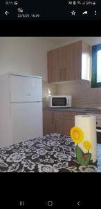 a kitchen with a table with a flower on it at Juncalillo Garden in Las Palmas de Gran Canaria