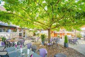 a group of tables and chairs under a tree at Hôtel Restaurant Notre Dame in Haguenau