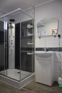 een badkamer met een douche en een wastafel bij Cztery Kąty in Drawno