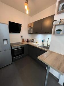 uma cozinha com um frigorífico, um fogão e um lavatório em LE TRESUM - Appartement + Garage - V-RENT em Annecy