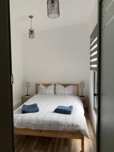 Un dormitorio con una cama blanca con almohadas azules. en Tiny retreat en Miercurea-Ciuc