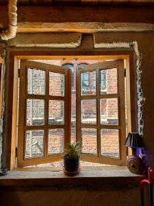 una ventana con una maceta en el alféizar de la ventana en Fontaine Mansion, en Liepāja