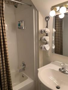 a white bathroom with a sink and a tub and a mirror at A Awesome Shenandoah Valley View in Elkton