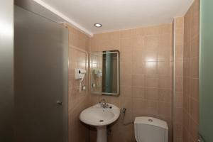 a bathroom with a sink and a toilet and a mirror at Hotel Villa Basil in Tsilivi