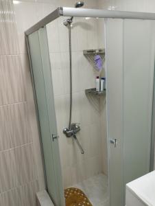 um chuveiro com uma porta de vidro na casa de banho em Апартаменты рядом с морем em Sukhumi