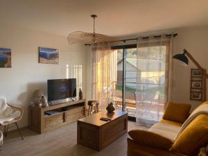uma sala de estar com um sofá e uma televisão em Appt à Ancelle pied des pistes em Ancelle