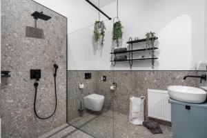 ein Bad mit einer Dusche, einem WC und einem Waschbecken in der Unterkunft Apartment klein aber fein in Friedrichshafen in Friedrichshafen