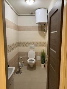 Villa Monica في Kráľovský Chlmec: حمام صغير مع مرحاض ومغسلة