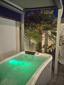 El baño incluye bañera con agua verde. en Bassin Arcachon, Mais. 3 étoiles, spa, 500 m plage, en Gujan-Mestras