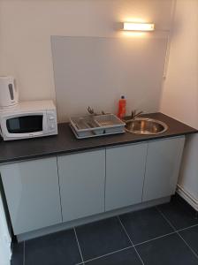 a kitchen with a microwave and a sink at O'Couvent - Appartement 85 m2 - 2 chambres - A522 in Salins-les-Bains