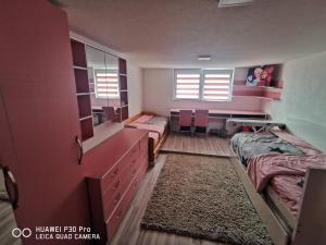 sypialnia z 2 łóżkami, biurkiem i dywanem w obiekcie Center Struga Apartment w mieście Struga