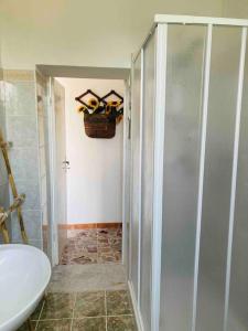 ein Bad mit einer Dusche, einem WC und einem Waschbecken in der Unterkunft “La Lavanda” in Maremma in Ischia di Castro
