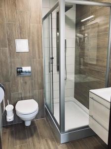 a bathroom with a shower and a toilet at Inter Hotel in Debrecen