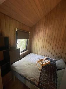 Cama en habitación pequeña con ventana en Szopa_Narie, en Gulbity