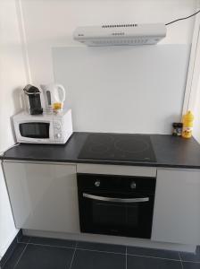 a kitchen with a stove and a microwave at O'Couvent - Appartement 66 m2 - 2 chambres - A523 in Salins-les-Bains