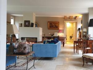 a living room with a blue couch and a fireplace at La Feuillaie in Saint-Ay