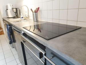 - une cuisine avec un évier et un comptoir dans l'établissement ''Le Verlaine'' T2 au cœur de l'agglomération Lyonnaise, à Villeurbanne