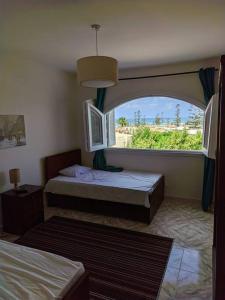 1 Schlafzimmer mit 2 Betten und einem großen Fenster in der Unterkunft Spacious 3 bedroom apartment with a sea view. in Dawwār Abū Maḩrūs