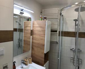 a bathroom with a shower and a sink and a mirror at Na Kamiennej in Kołobrzeg +27 photos