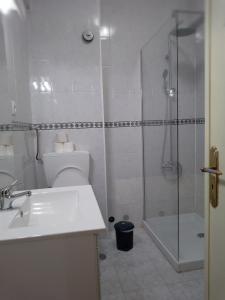 uma casa de banho com um chuveiro, um WC e um lavatório. em Oriente DNA Studios II em Lisboa