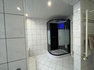 a bathroom with a shower with a mirror at Ferienwohnung Beckmann in Bad Lauterberg