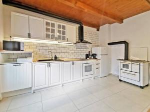 a kitchen with white cabinets and white appliances at Smetova - The Blue Door House in Šempas +19 photos