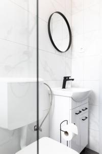 a bathroom with a shower and a sink and a mirror at Apartment Ivka in Osijek