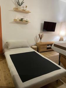 a living room with a bed and a tv at Magnifique Studio Calais Plage in Calais