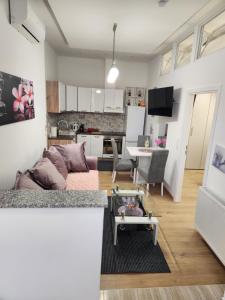 ein Wohnzimmer mit einem Sofa und einem Tisch in der Unterkunft APARTMAN ZAGREB cca 42m2 with free parking in Zagreb