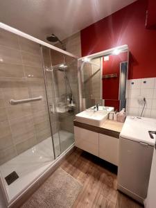 ein Bad mit einer Dusche und einem Waschbecken in der Unterkunft Bel appartement Samoëns 72m2 in Samoëns
