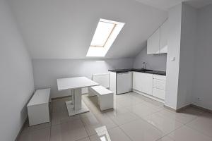 a white kitchen with a table and a skylight at Noclegi Abramowicka in Lublin