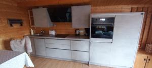 a kitchen with a refrigerator and a stove at Holzhäuschen in Nideggen